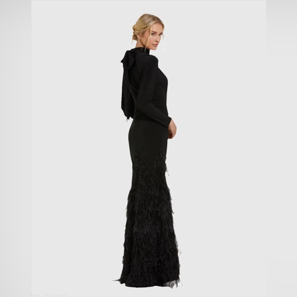 MAC DUGGAL  11839 Black Jersey Long Sleeve High Neck Feather Gown - Picture 8 of 16